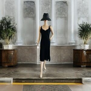 Vintage LAPIS Women Gown M Black V Neck Ruffle Sheer Ball Gown Tie Shoulder Midi